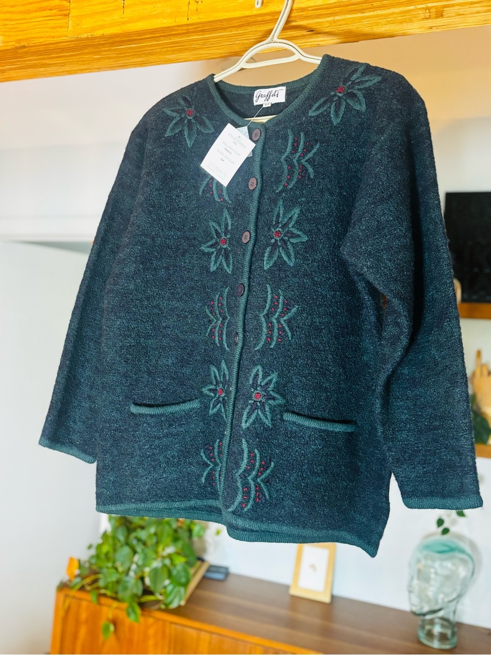 RARE DEADSTOCK VTG 90s Graffiti Forest Green Embroidered Cardigan Sweater NWT S/
